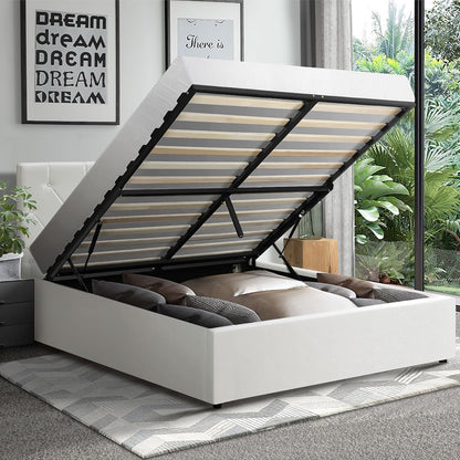 Oikiture Double Bed Frame with Storage and Gas Lift Leather Bed White