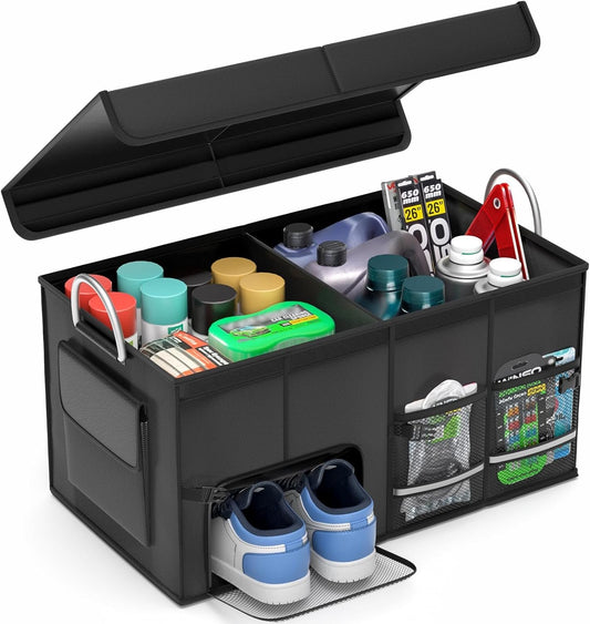 CLESOO Car Trunk Organizer Basket with Lid - Collapsible Multi Compartment Vehicle Organizer - Multiple Pockets, Multi-purpose Travel Accessory - Anti-slip Leak-proof Fits any Car, SUV, Minivan