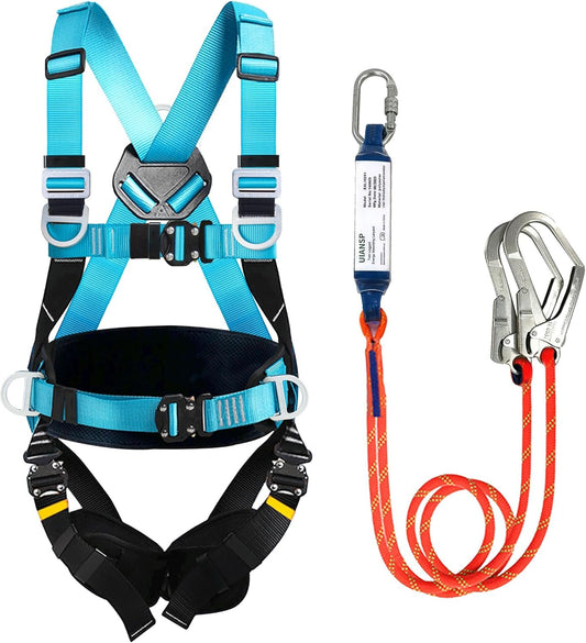 UIANSP Safety Harness Fall Protection Kit:safety harness fall protection harness roofing harness Blue black Safety harness Shock Absorbing Lanyard - Updated Comfortable Waist Pad Roofing Harness