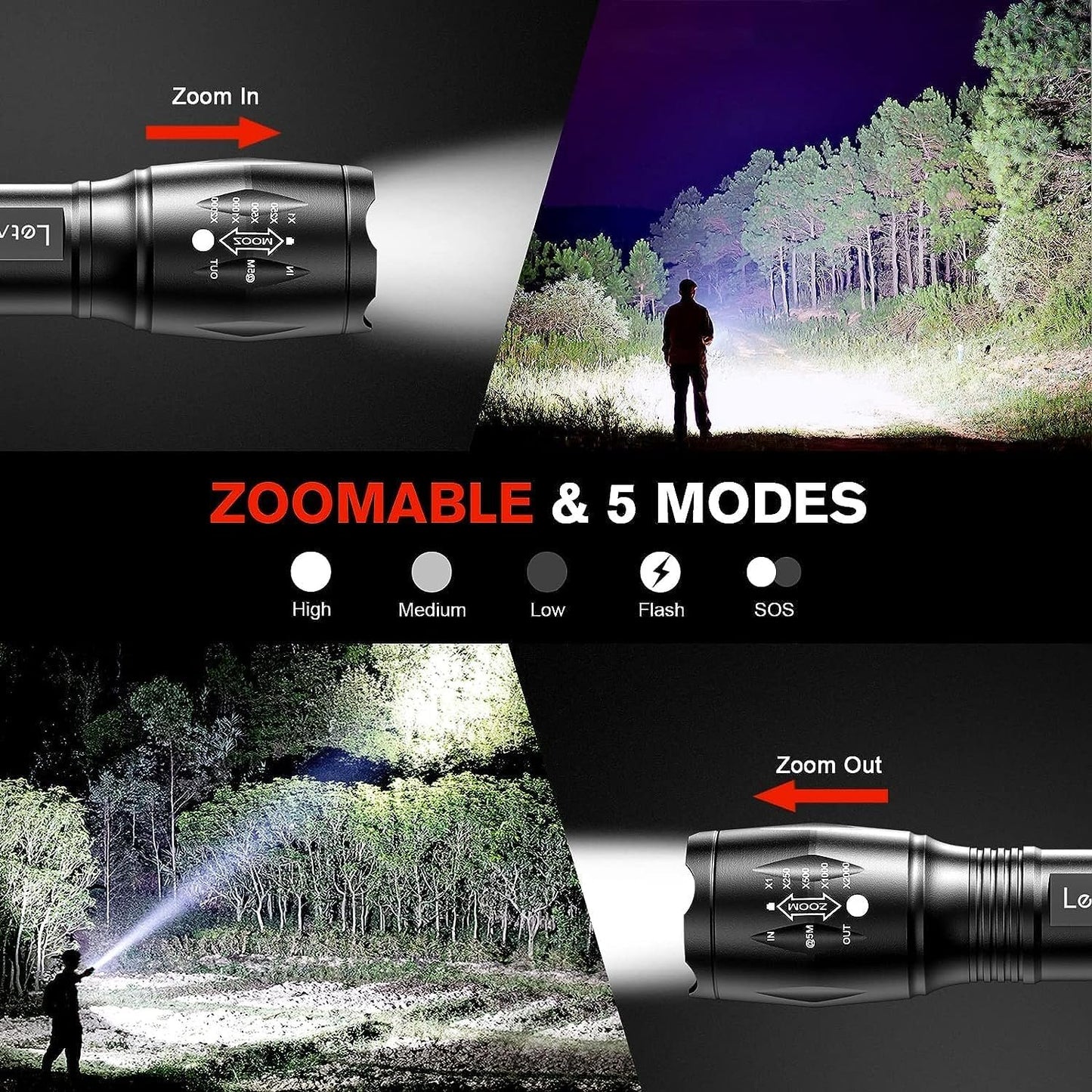 LETMY LED Flashlight, High Lumens XML T6 Handheld Flashlights, Zoomable, IP67 Waterproof, 5 Modes, Portable Flashlight for Outdoor Camping Running Walking Emergency (2 Pack)