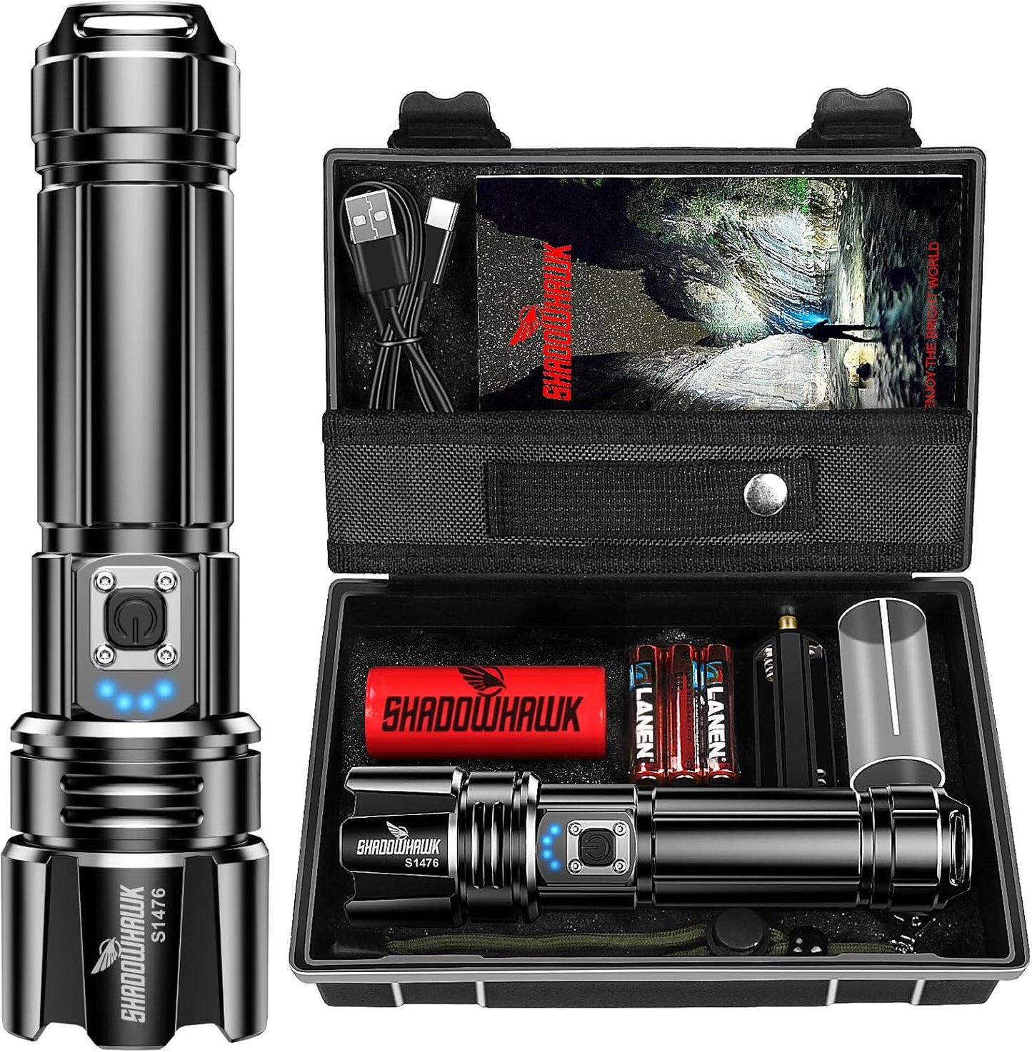 LED Torch Rechargeable Flashlight with High Lumens, Shadowhawk 20000 Lumen XHP70.2 Super Bright Torch, High Powered Torches, Powerful Handheld Tactical Flashlight for Emergency Camping Hiking Gift
