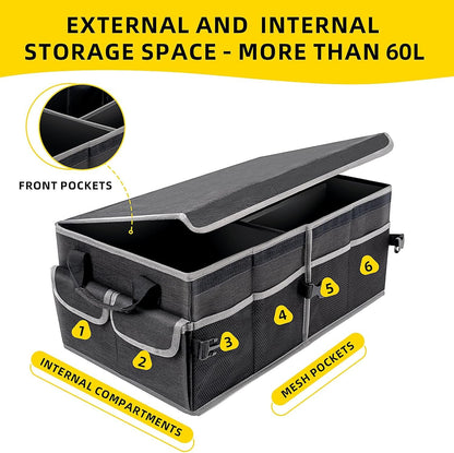 BPFY Black Collapsible Car Trunk Organizer for Suv with Lid, Large Trunk Organizer for Car with Anti Slip Velcro, Oxford Multi-Compartments Car Organizer Trunk