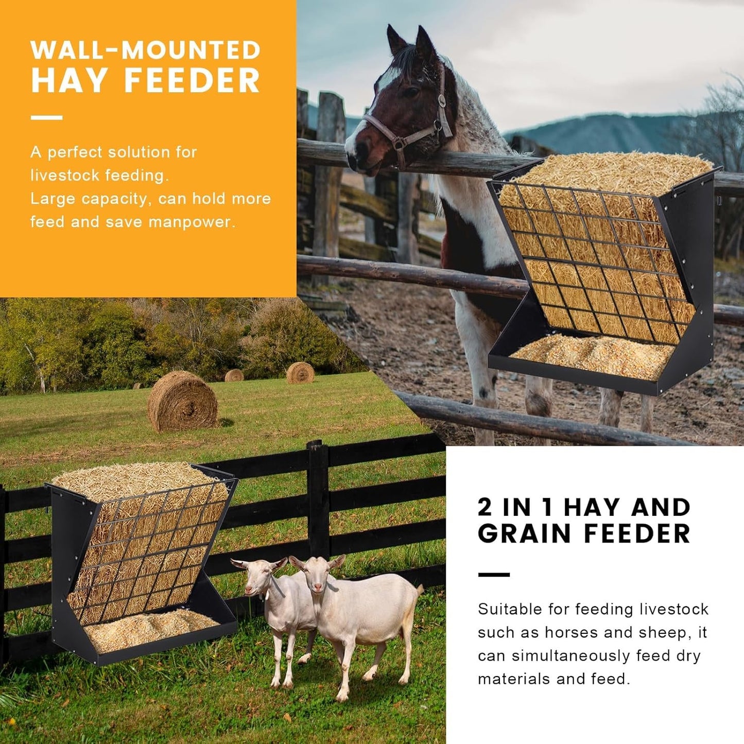 PAUQRWIE 25 Gallon 2 in 1 Hay and Grain Feeder for Goats, Sheep, Alpaca, Horse, Cattle, Livestock - Black Carbon Steel Wall Mount Hay Rack with Detachable Grain Tray - Adult