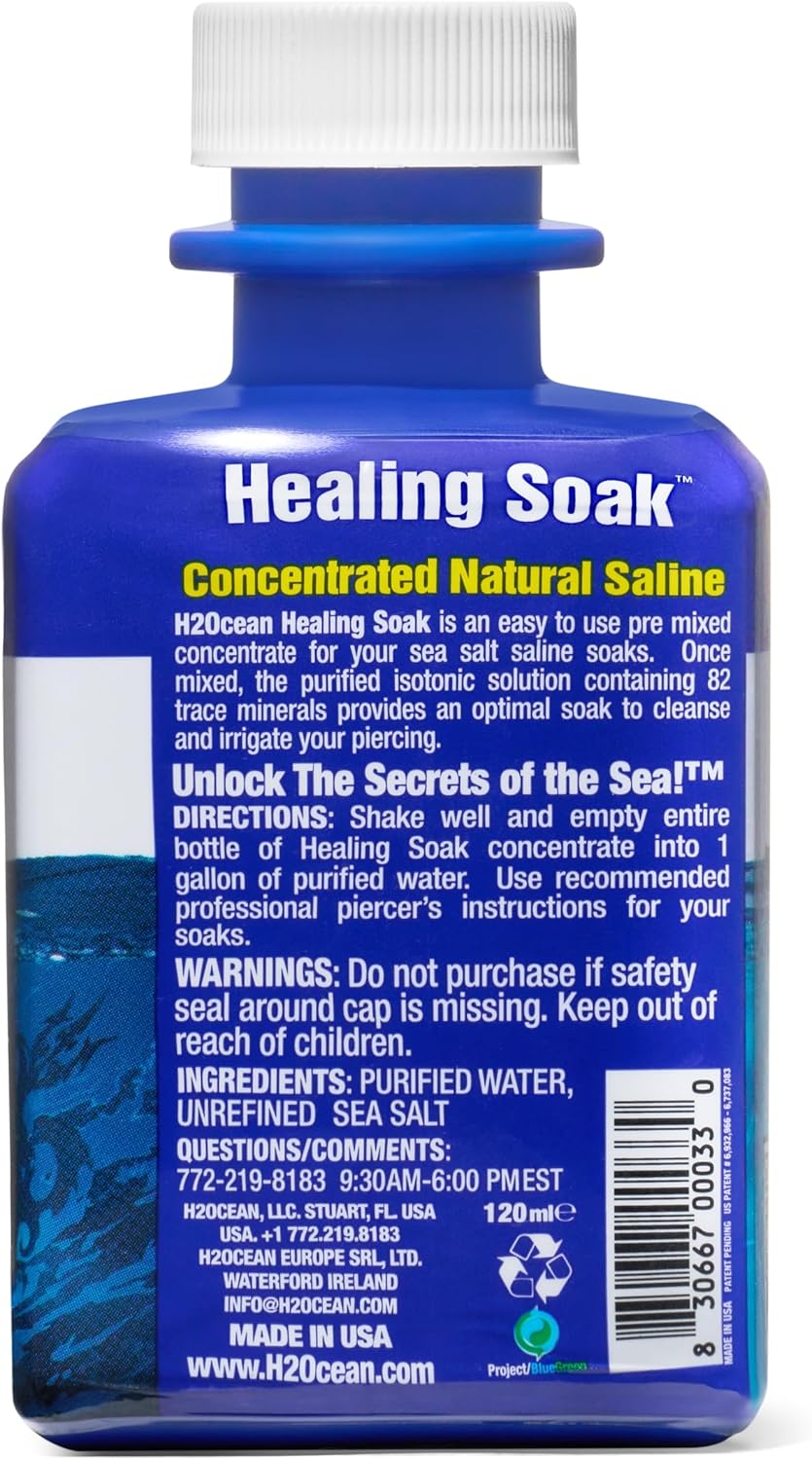H2Ocean Healing Soak Piercing & Wound Sea Salt Bath - Sea Salt Saline Solution for Piercing & Wound Care - Soothing Aftercare for Body Piercings - 4 oz