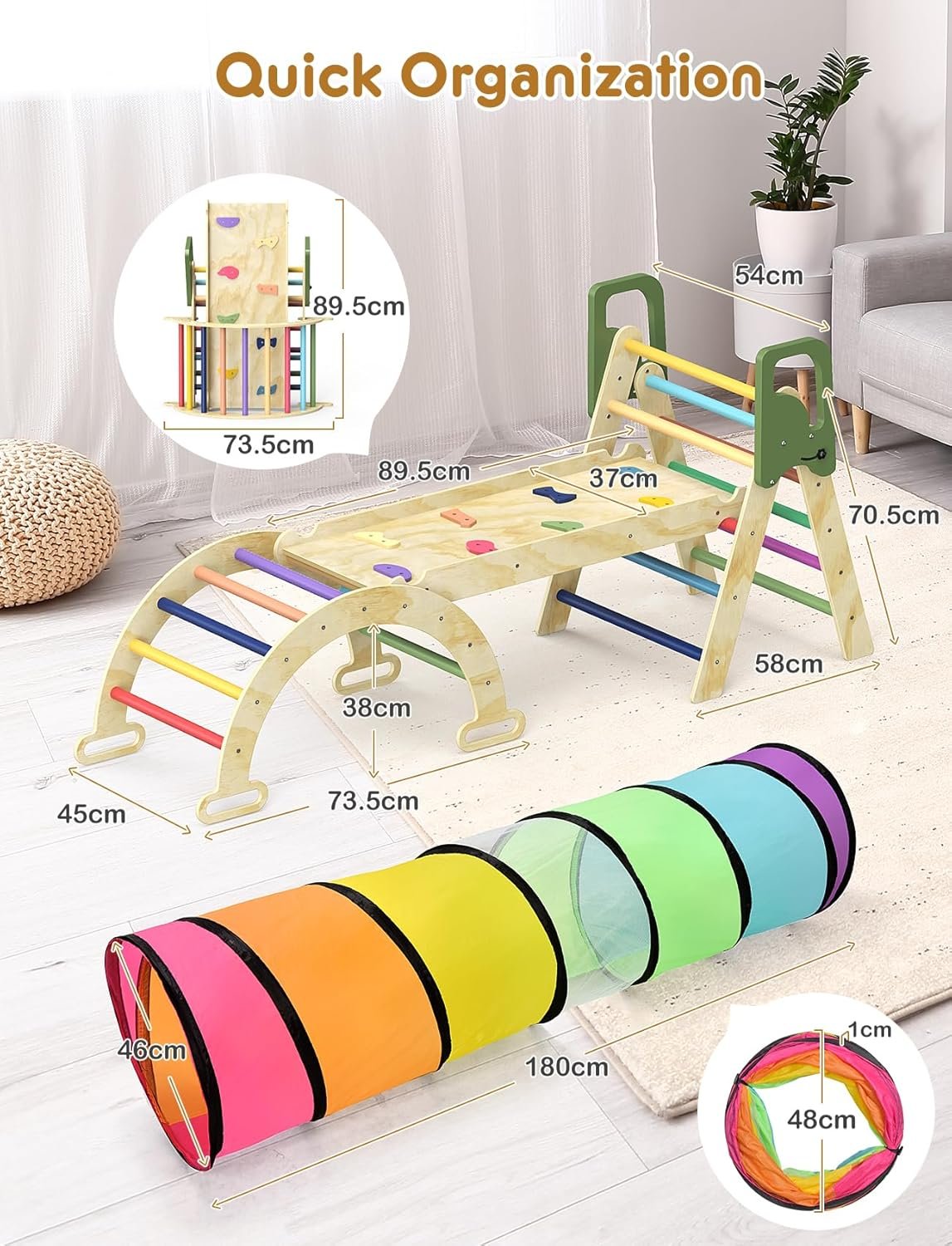 Pikler Triangle Set, 8-in-1 Indoor Jungle Gym with Kids Play Tunnel, Indoor Playground Jungle Gym for 1-3 Years Old, Wooden Montessori Climbing Set with Arch, Ramp & Ladder for Toddlers, Kids(S)