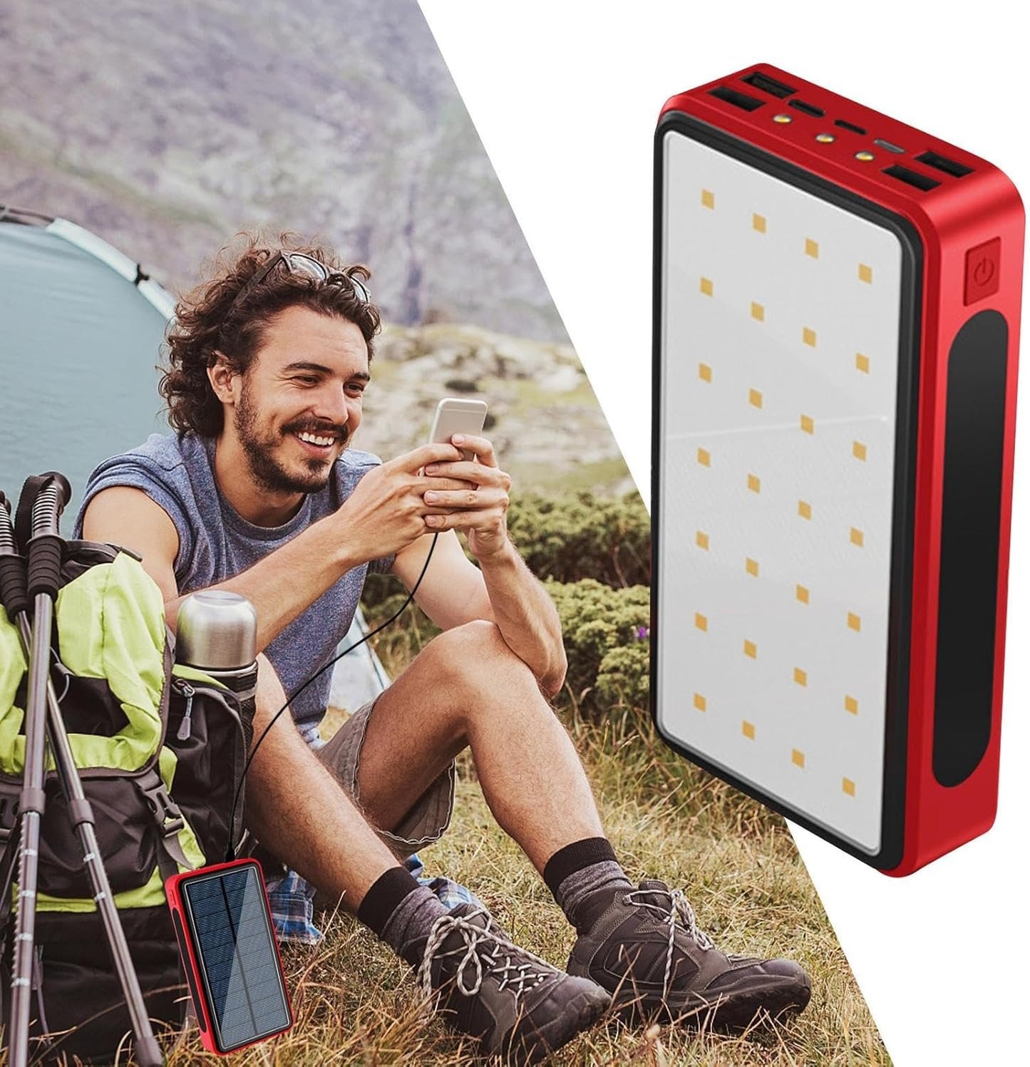 Solar Charger Power Bank - Solar Power Bank Cell Phone Charger | Large Capacity Solar Charger | 20000mAh Waterproof Equipment, Battery with Light for Camping, Traveling, Commuting, Picnic