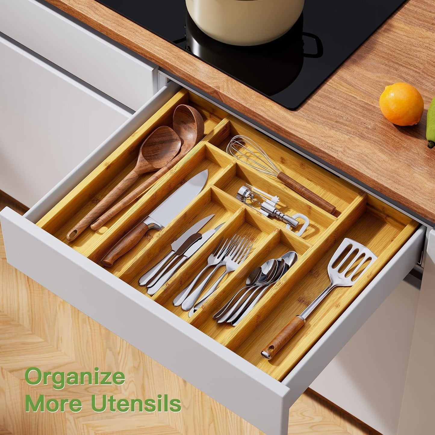 Utensil Drawer Organizer - 3" Deep 100% Bamboo Wooden Expandable Adjustable Kitchen Silverware Flatware Cutlery and Accessories Home Pantry Storage Organization Tray with Magnetic Lock
