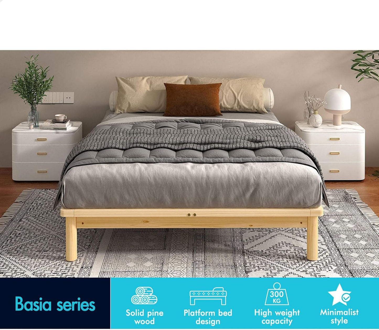 ALFORDSON Double Bed Frame Wooden Bed Base with Timber Slats, Solid Pine Wood Mattress Base Platform Support, Bed Foundation with Storage Space, Basia Series Home Bedroom Furniture in Oak
