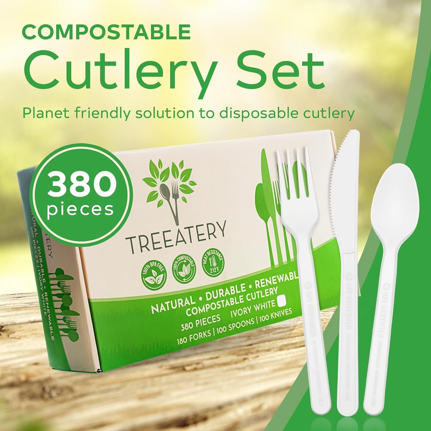 Treeatery - Compostable Cutlery Set, Plant-Based Disposable Utensils, Dishwasher-Safe Silverware, 380-Piece Set, Plant a Tree With Every Box, Ivory White