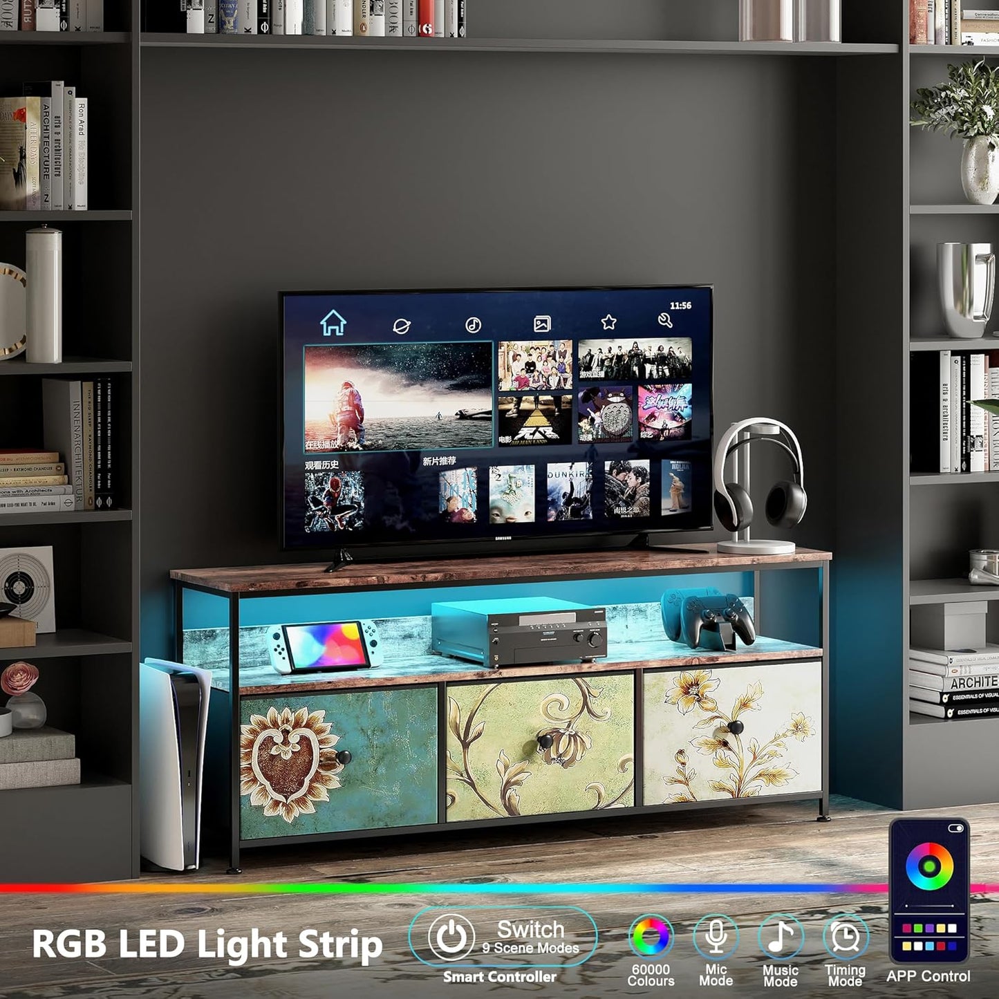 TV Cabinet 108 cm with LED Lights, 108 × 29.8 × 57 cm, Industrial TV Cabinet with 3 Drawers, Living Room TV Cabinet with LED for Bedroom, Dining Room, Living Room