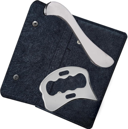 Generic 2-Piece Gua Sha Tool, 304 Stainless Steel Massage Tool, Scraper for Muscle Soft Tissue Mobilization, Back, Leg, Arm, Neck, with Pouch