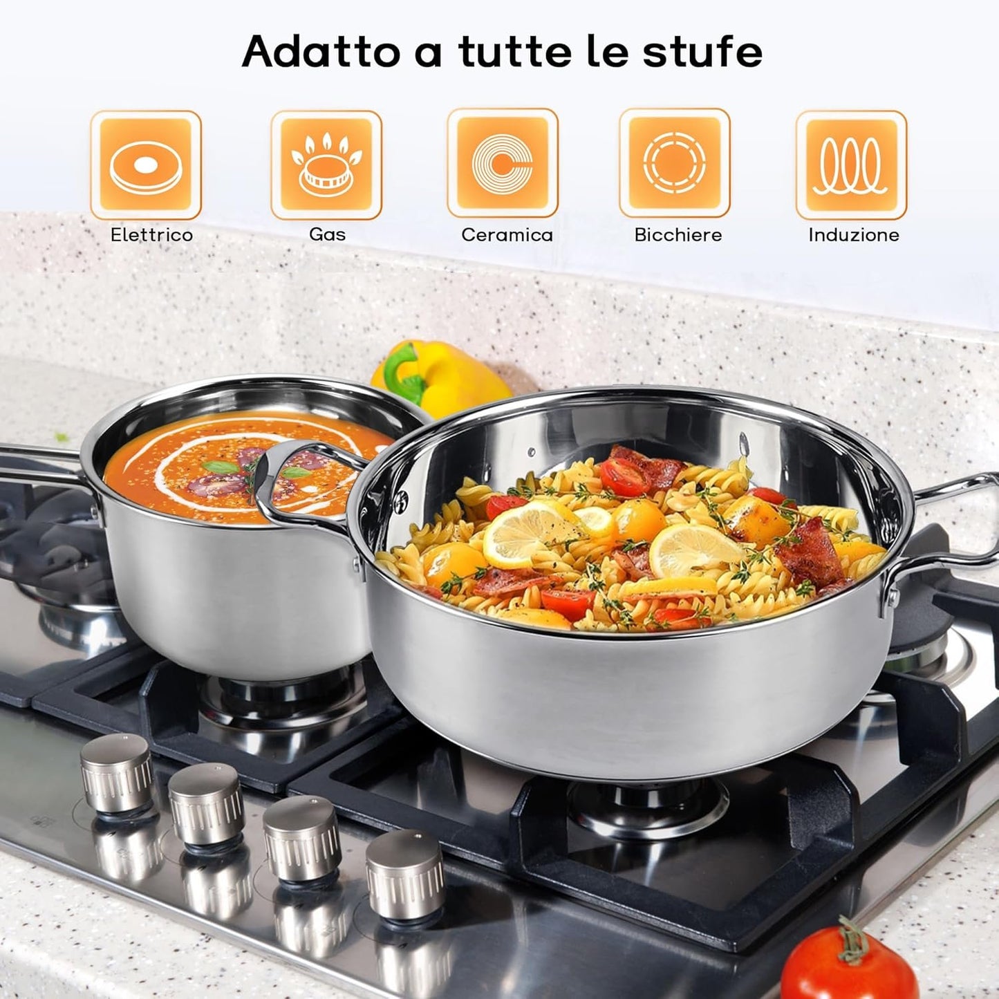 6 Piece Cookware Set, Stainless Steel Pot, Pots with Glass Lids, Cookware Set Compatible with Induction, Gas and Electric Hobs