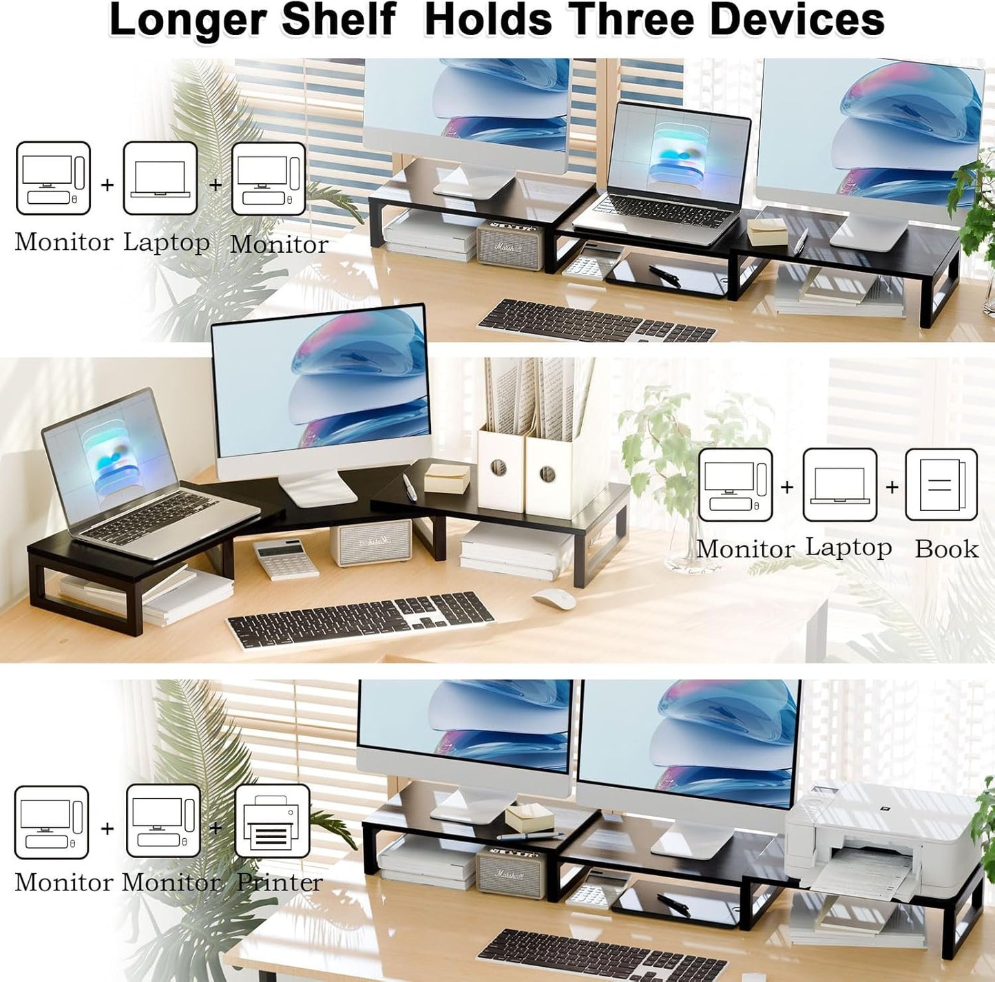 TEAMIX 3 Shelf Monitor Stand Riser with Metal Leg, Dual Monitor Stand Adjustable Stand for TV/Screen/PC/Printer/Laptop Riser with Storage for Home Office