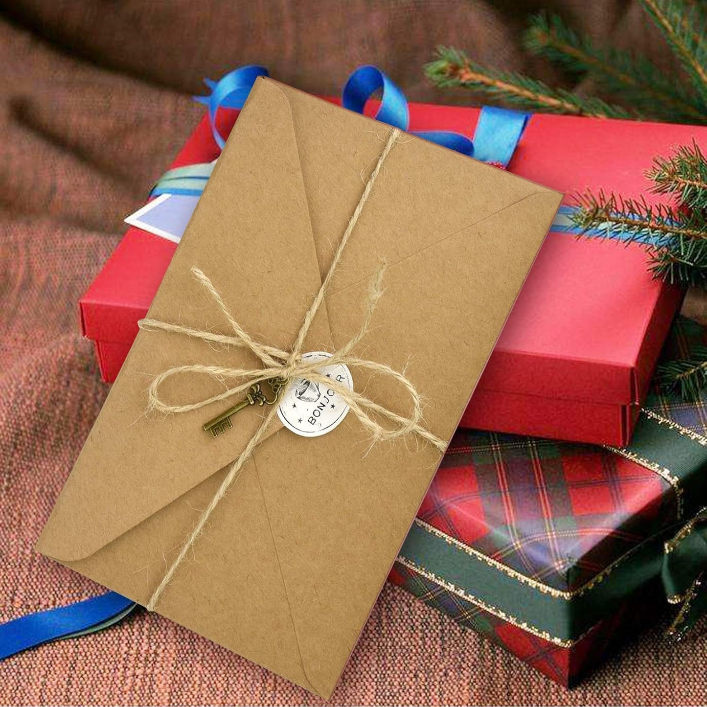 Dxhycc 6 Set Vintage Stationary Paper and Envelopes Set, 24 Sheets of Vintage Letter Papers, 12 Envelopes, 12 Hemp Ropes, 12 Retro Keys, 12 Sealing Stickers