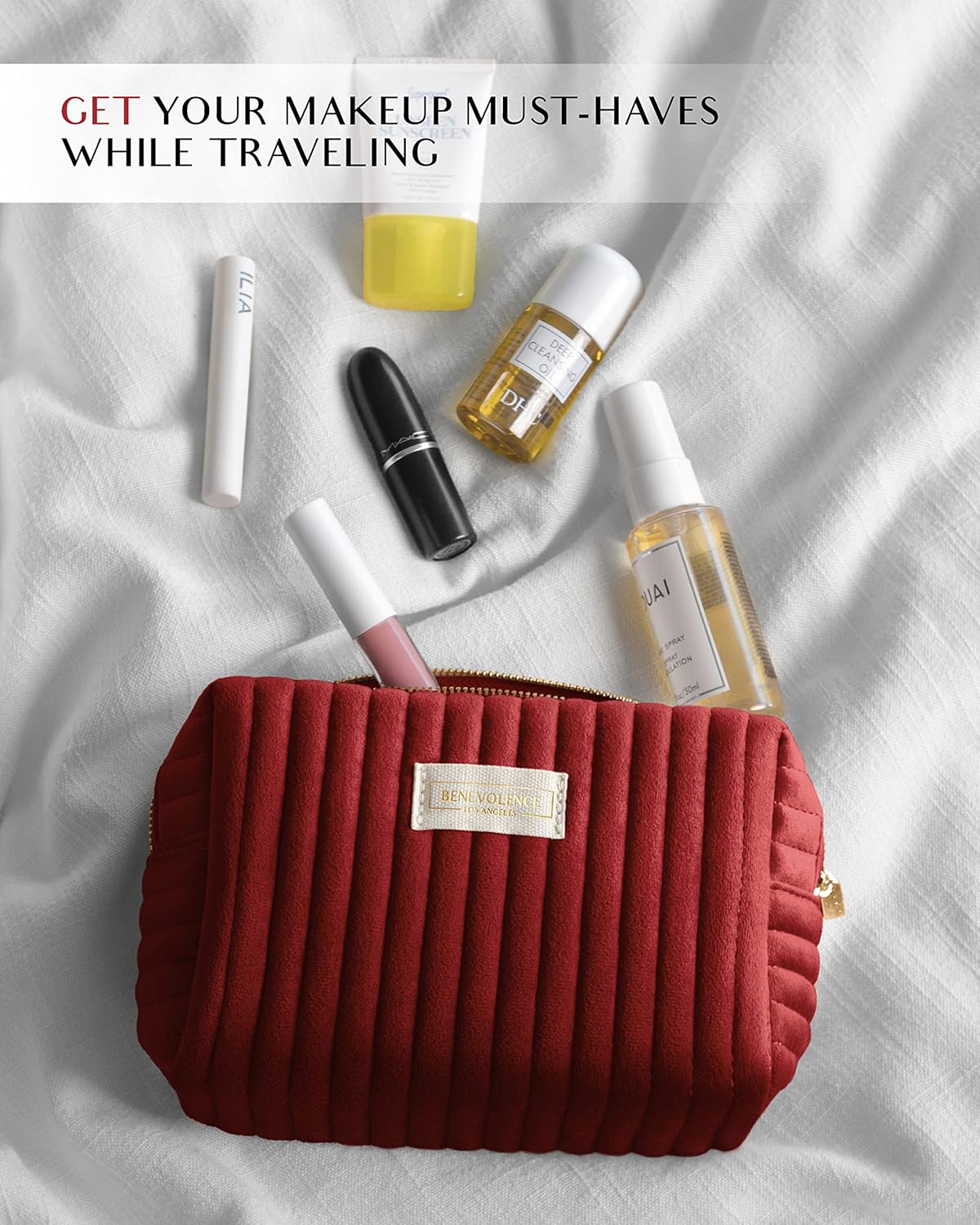 Benevolence LA Plush Velvet Small Makeup Bag for Purse | Cosmetic Pouch, Travel Toiletry Organizer for Women, Quilted Bag for Accessories - Red