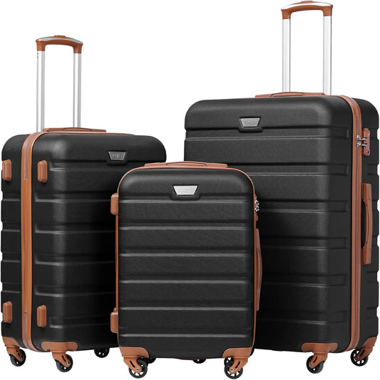 Coolife Luggage 3 Piece Set Suitcase Spinner Hardshell Lightweight TSA Lock 4 Piece Set (Apricot Black, Sets)