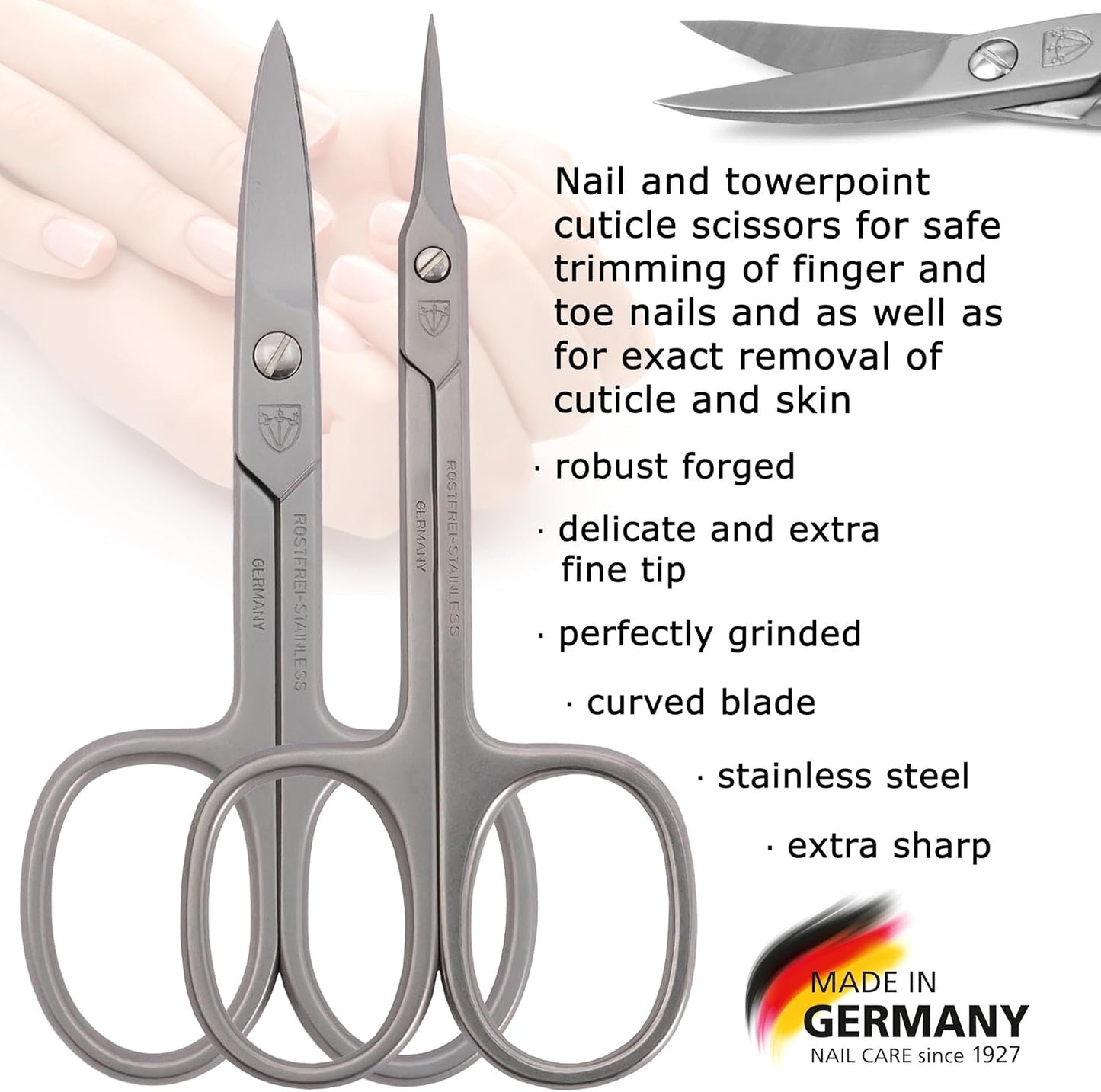 3 Swords Germany - Brand Quality Stainless Steel INOX Curved Nail Scissors and Curved Cuticle TOWERPOINT Scissors with case - Made in Germany