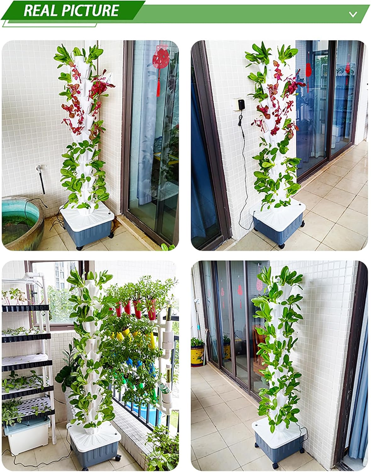 FXNFXLA Hydroponic Vertical Tower Grow System, 8/10/12 Layers, Kit for Growing Vegetables, Herbs and Fruit in Balcony