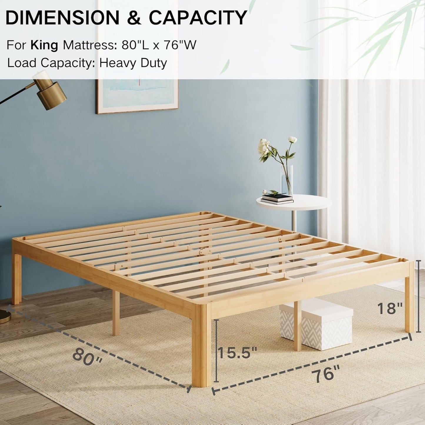 LAKKURI 18 Inch High Bamboo Wood King Size Bed Frame Platform, Steel Slat Support King Bed Frame, Sturdy, No Box Spring Needed, Easy Assembly, Noise Free