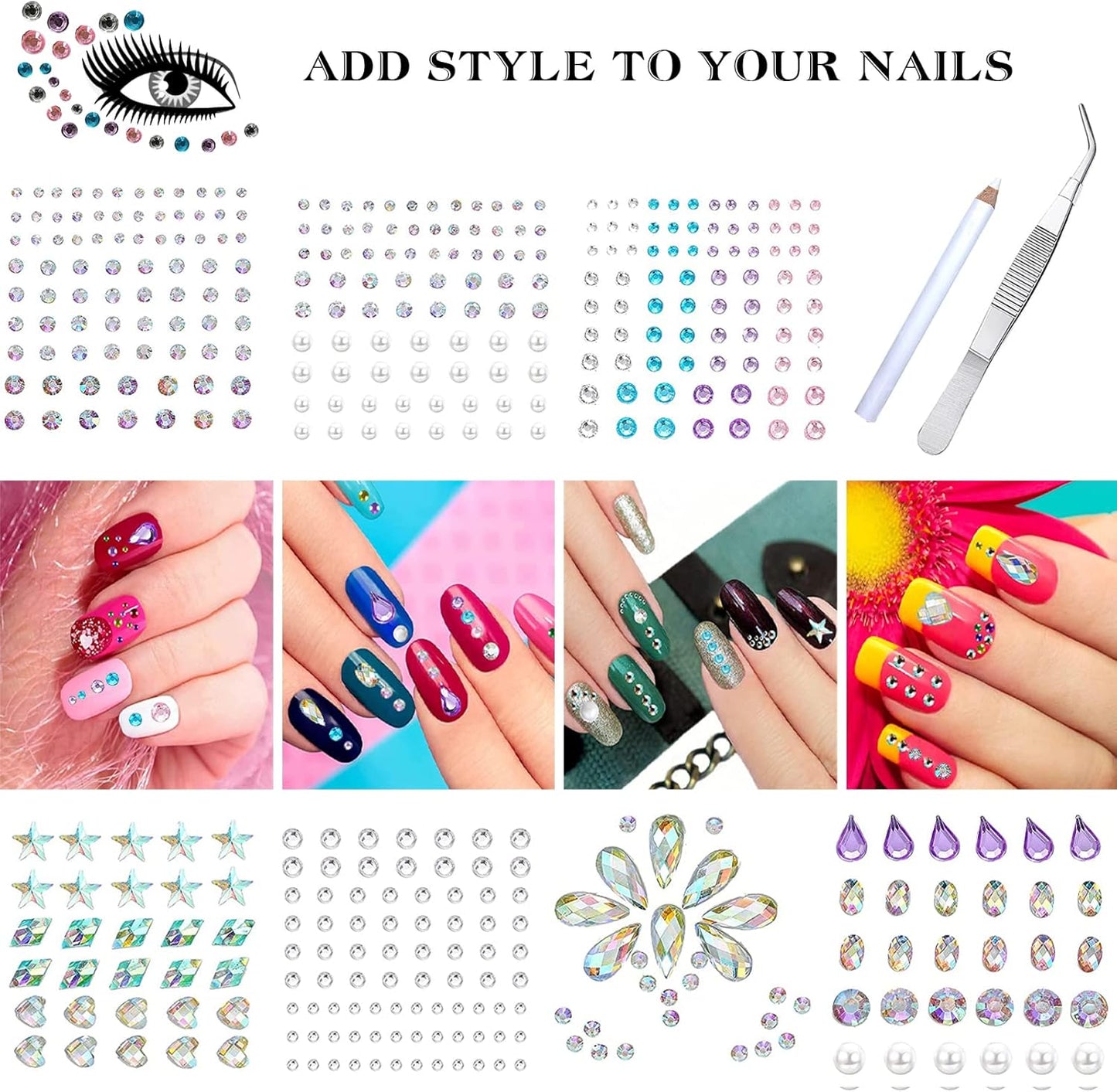406 Pieces Glitter Gems Stickers for Face 7 Sheets Glitter Make Up Stickers for Gems, Body Eyes Rhinestones Stickers Stickers for Face Gems Festival Accessories Nail Art Decorations