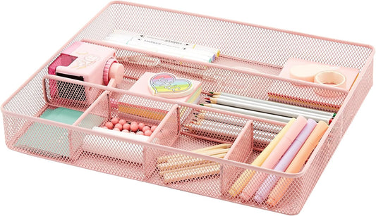 Annova Desk Drawer Organizer Tray for Office Organization - Metal Mesh - Storage Tray with Dividers for Pens, Desktop Accessories, Bathroom, Kitchen, Makeup and Office Supplies (Large) (Light Pink)