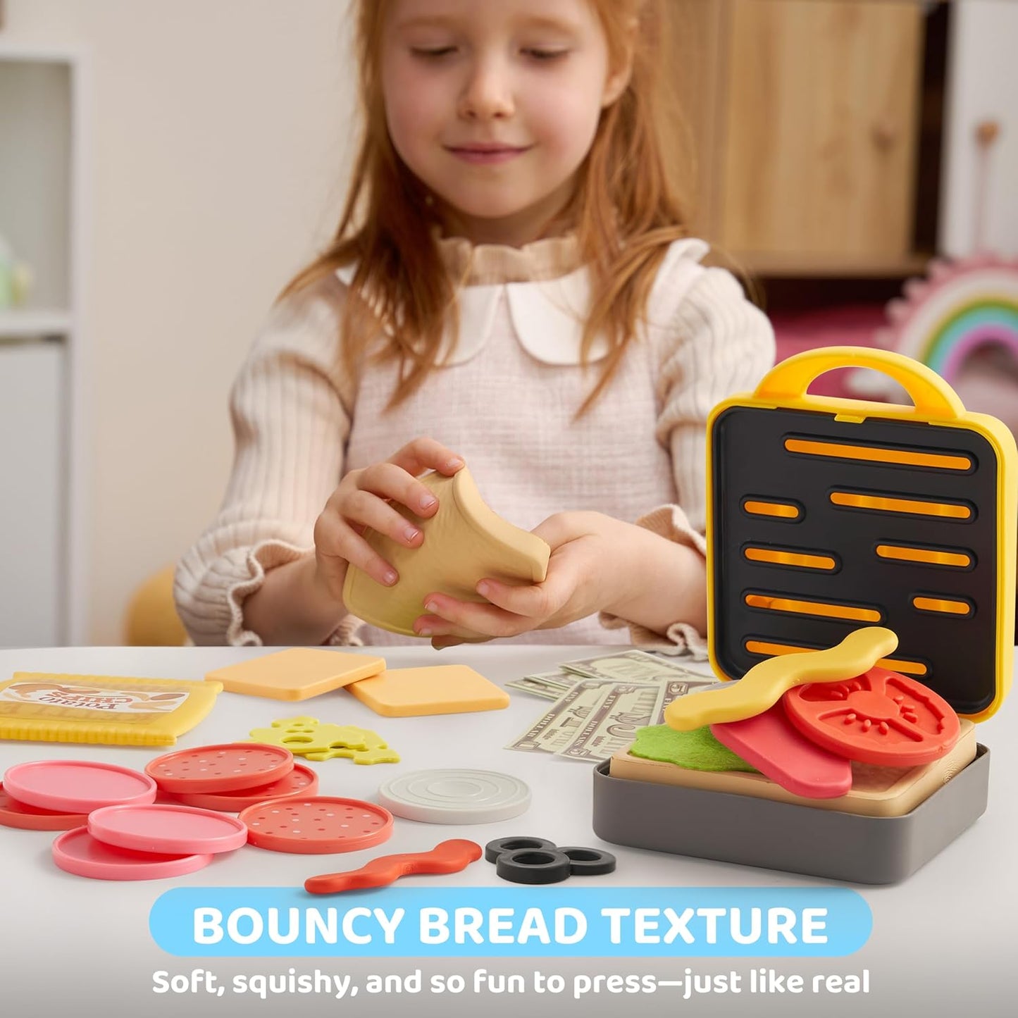 Pretend Play Food Toy for Kids Toddlers, Play Kitchen Accessories Include Sandwich Maker Toy with Slicer for Ham, Menu and Ingredients, Play Restaurant Food Toy for Girls Birthday Gift
