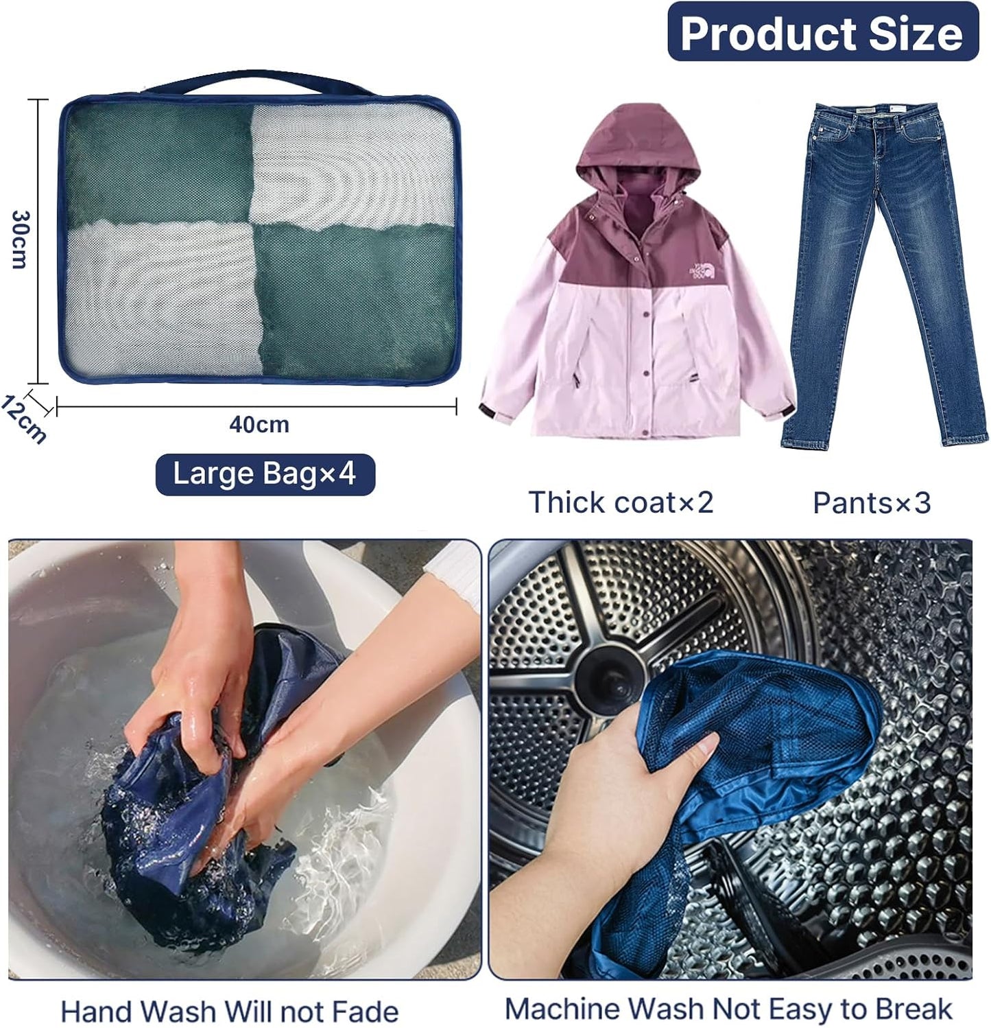 Large Packing Cubes 4 PCS, 40x30x12CM Same Size Suitcase Organiser Bags 4-Piece, Travel Bags Organiser 4 Pack (4PCS Large Navy)