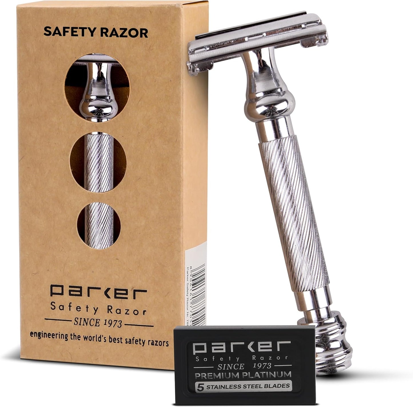 Parker 99R Chrome Long Handle Heavyweight Butterfly Open Double Edge Safety Razor for Men, 5 Parker Premium Platinum Double Edge Razor Blades Included
