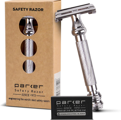 Parker 99R Chrome Long Handle Heavyweight Butterfly Open Double Edge Safety Razor for Men, 5 Parker Premium Platinum Double Edge Razor Blades Included