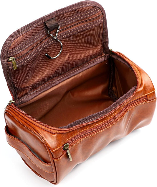 Kallsi Toiletry Bag Hanging Travel Organizer for Men and Women PU Leather Wash Bag for Shaving Kit with Handle Brown