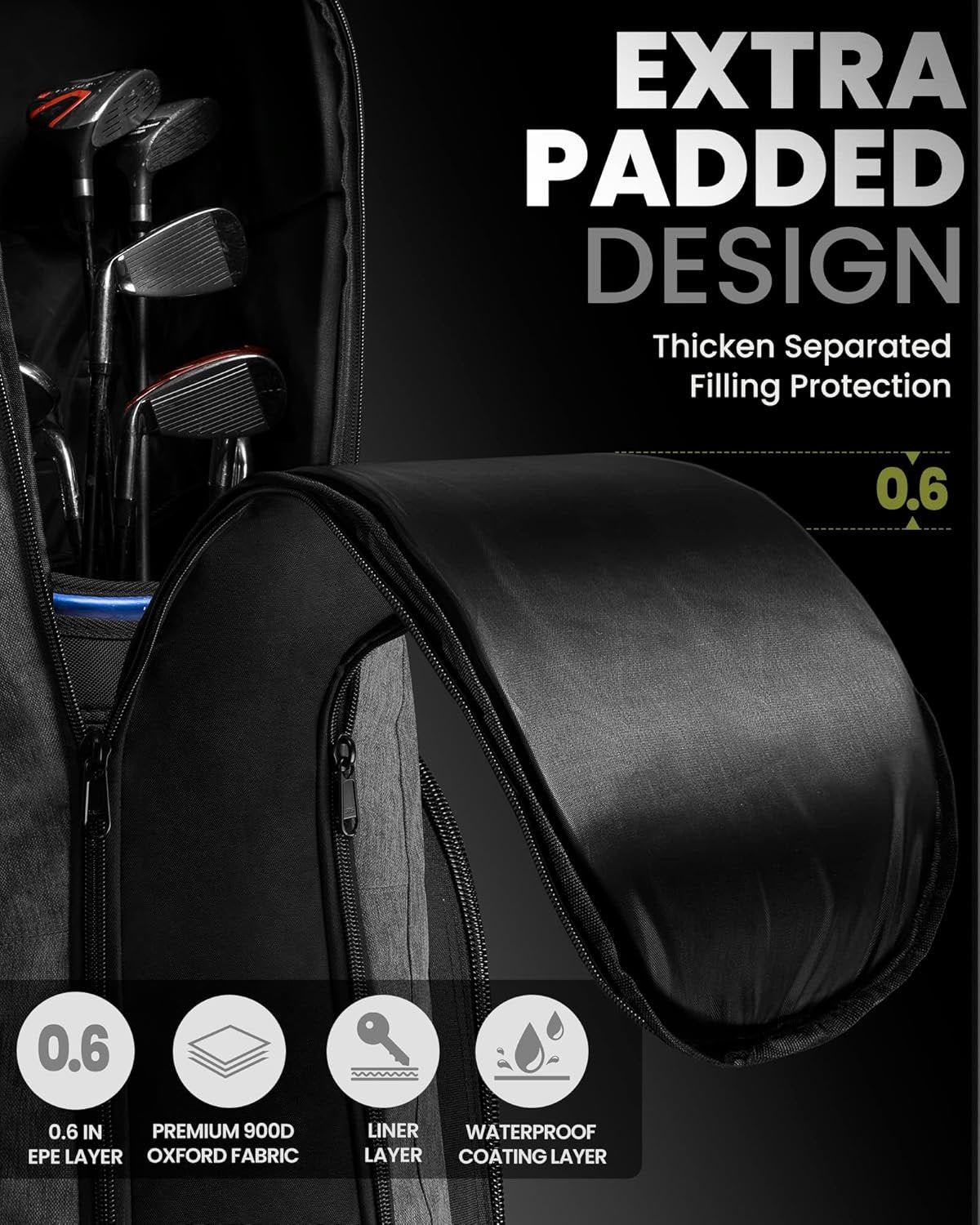 OutdoorMaster Padded Golf Club Travel Bag with Wheels, 900D Heavy Duty Oxford Golf Travel Case, Soft-Sided Golf Club Bag, Shoes and Accessories Compartment