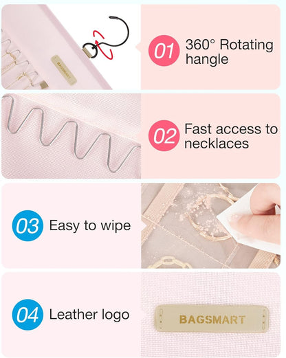 BAGSMART Hanging Jewelry Organizer Storage Roll with Hanger Metal Hooks Double-Sided Jewelry Holder for Earrings, Necklaces, Rings on Closet, Wall, Door, 1 piece, Large, Pink