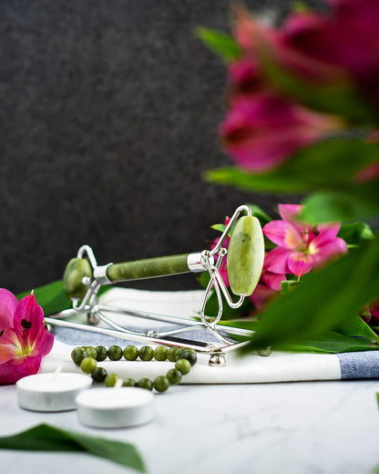 Jade Roller Deluxe Set with Bracelet, Jeweled Stand and Satin Pouches. Skin Care Facial Massage Detox Optimize Health Wellness Anti Aging Treatment Wrinkle Removal