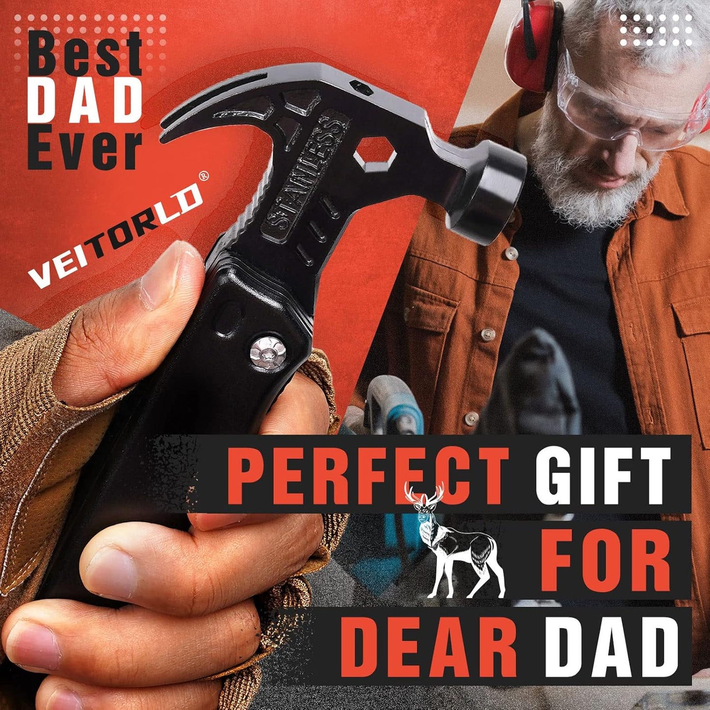 VEITORLD Gifts for Dad Men, Cool Fathers Day Birthday Gifts Ideas for Men Grandpa Papa from Daughter Wife Son, BEST DAD EVER Gift, All in One Survival Tools Hammer Multitool, Camping Hunting Presents