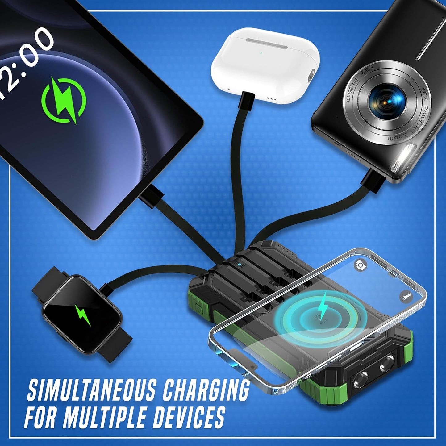TPG 20000mAh Solar Power Bank with Wireless Charging, 22.5W Output, Portable Charger with Built-in 4 Cables and Flashlight - Ideal Battery Pack for Hiking, Camping, Travel, and Emergency Use
