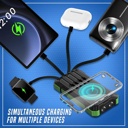 TPG 20000mAh Solar Power Bank with Wireless Charging, 22.5W Output, Portable Charger with Built-in 4 Cables and Flashlight - Ideal Battery Pack for Hiking, Camping, Travel, and Emergency Use
