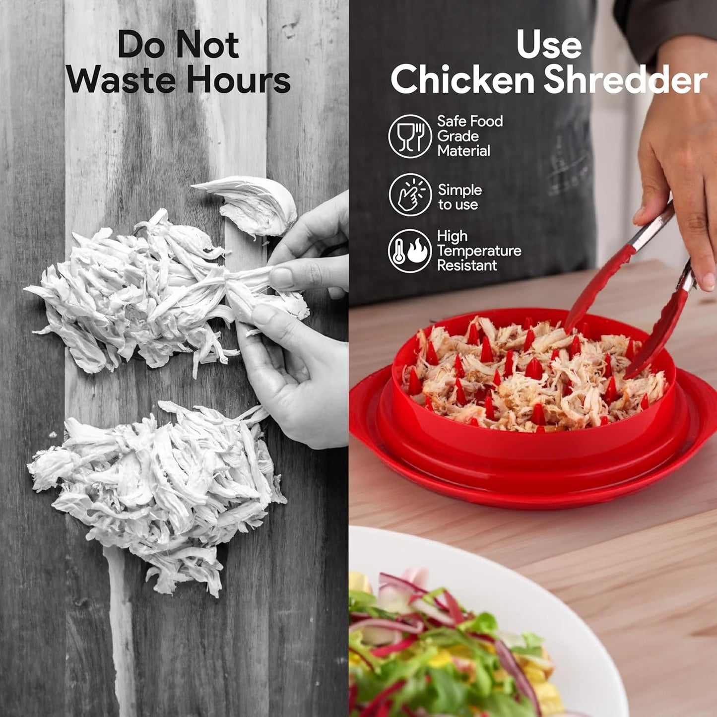 Rosecin Pro Chicken Shredder Tool Twist with Anti Slip Mat Tong and Brush, Meat Shredder, Kitchen Tools & Gadgets, Suitable for Pork Beef Chicken, Ergonomic Handle, BPA Free, Dishwasher Safe (Red)