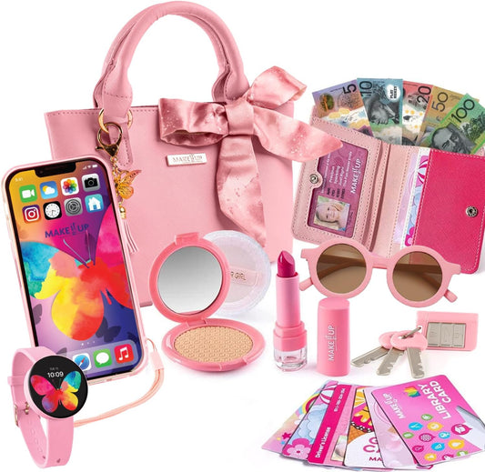 Pretend Play Kids Purse and Makeup Toy with Princess Pretend Makeup Smartphone Wallet Keys Credit and VIP Cards (Australian)