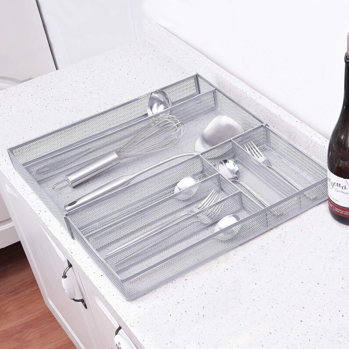 Mesh Kitchen Drawer Organizer Expandable, 7 Compartment Large Silverware Organizer/Cutlery Tray with Anti-Slip Mat, Adjustable Utensils Flatware Tray