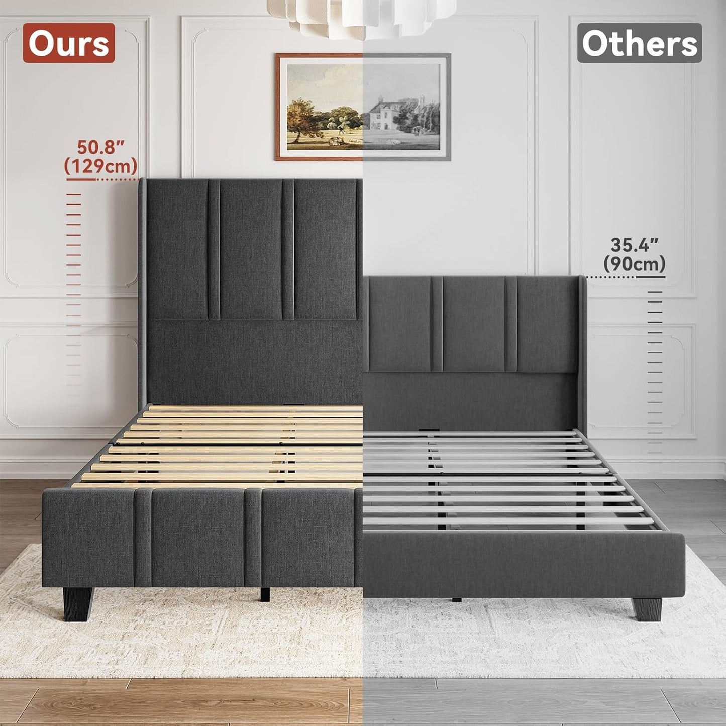 ROLETALENT Queen Bed Frames with 50.8" Tall Upholstered Headboard Wooden Platform Double Bed Frame Queen Size No Box Spring Needed Noise Free Easy Assembly