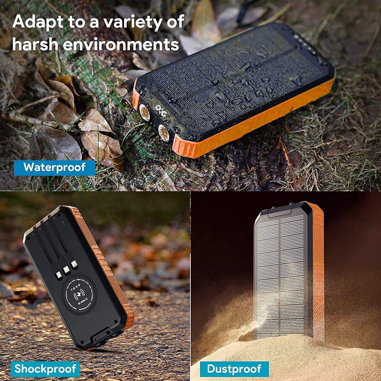 Solar Power Bank 30000 mAh,Wireless Portable Solar Power Bank Fast Charge Solar Phone Charger Power Bank with 3 Cables & LED Flashlights(Waterproof, Dustproof) Compatible with iOS & Android