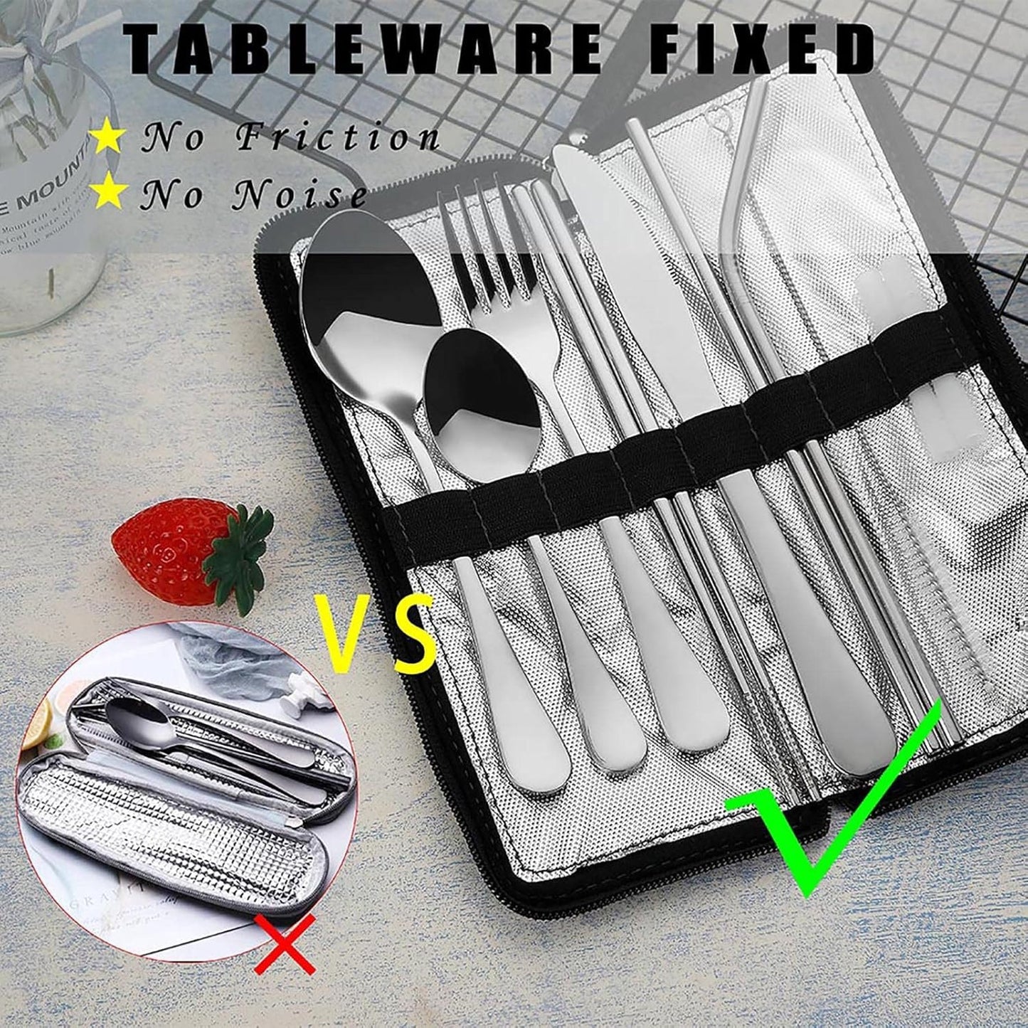 Portable Travel Utensils, Reusable Silverware with Case for Fixing Tableware, 9 Pieces Stainless Steel Stable Flatware Set, Camping Picnic Cutlery Set (Silver Set)