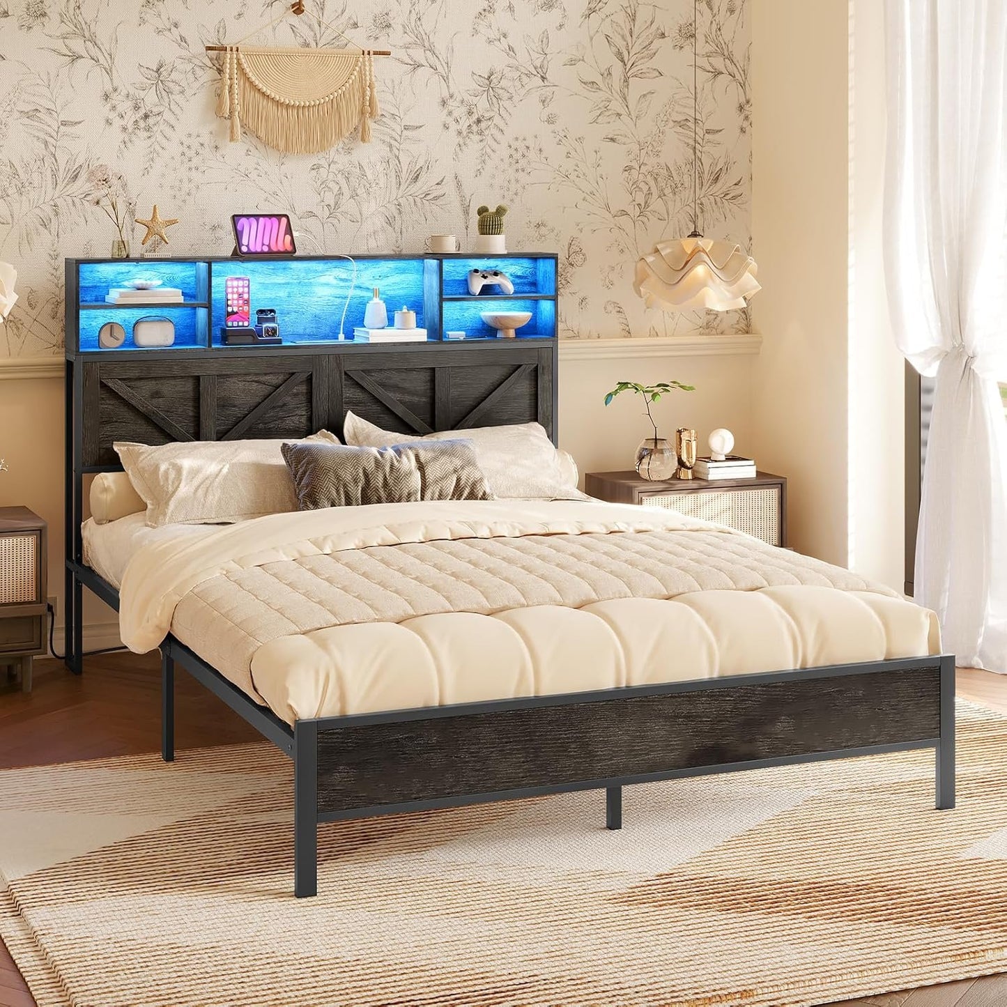 HOOBRO Full Bed Frame with Charging Station, LED Bed Frame with Tall Storage Headboard, Strong Wood Slats, No Box Spring Needed, Noise-Free, Charcoal Gray and Black BC05UDBF01