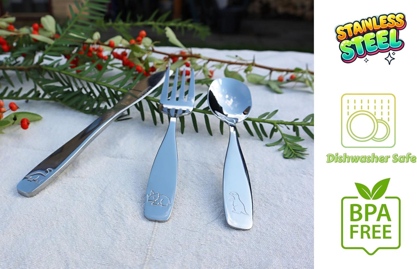 Exzact Children's Cutlery Stainless Steel 6pcs Kids Cutlery Flatware Toddler Utensils - Forks, Knives, Spoons - Dishwash Safe - 2 Years+ - Engraved Dinosaurs