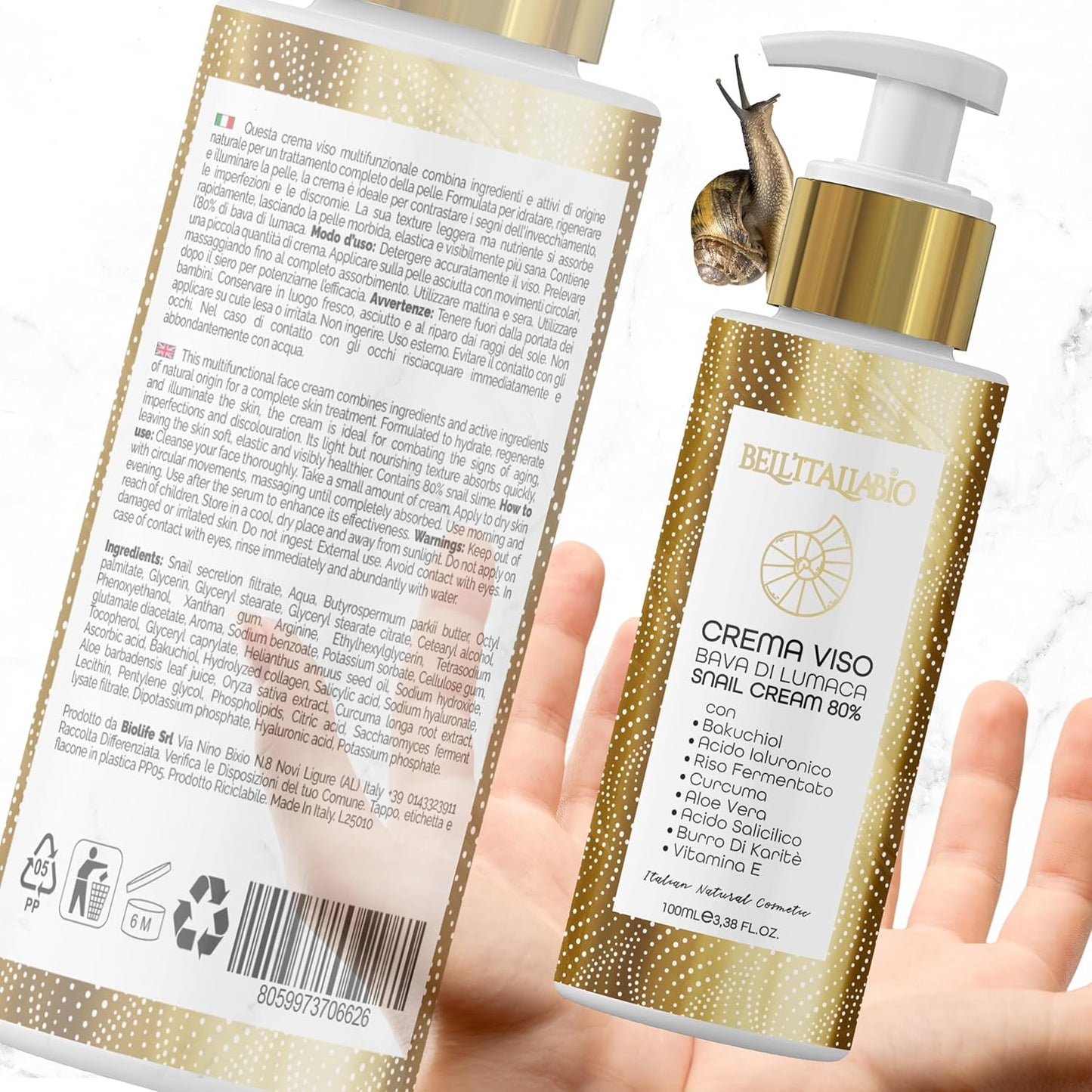 Anti-Wrinkle Face Cream with Snail Slime, Hyaluronic Acid, Vitamin E – Regenerating and Brightening with Aloe Vera – Multifunctional Anti-Aging Treatment for Blemishes and Dyschromias – Made in Italy