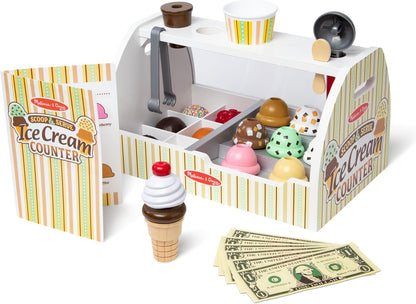 Melissa & Doug Wooden Scoop and Serve Ice Cream Counter (28 pcs) | Play Food and Accessories | Pretend Food, Ice Cream Toys, Ice Cream Shop Toys For Kids Ages 3+