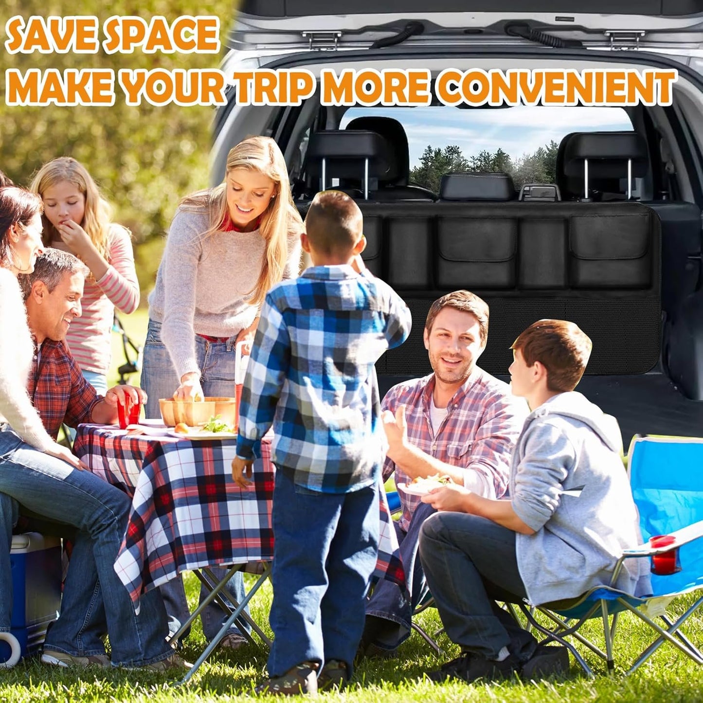 LXS Car Trunk Organizer, Large Capacity Backseat Bag Organizer Car Accessories, Equipped with 5 Pockets & 4 Mesh Pouches for Groceries(42"*20"), Hanging Trunk Organizer for SUV/MPV/Truck