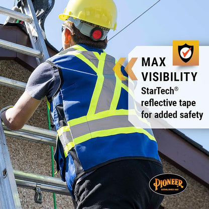 Pioneer Hi Vis Surveyor's Safety Vest - Engineer Style - Breathable Mesh & Reflective Tape - 7 Pockets - Royal Blue