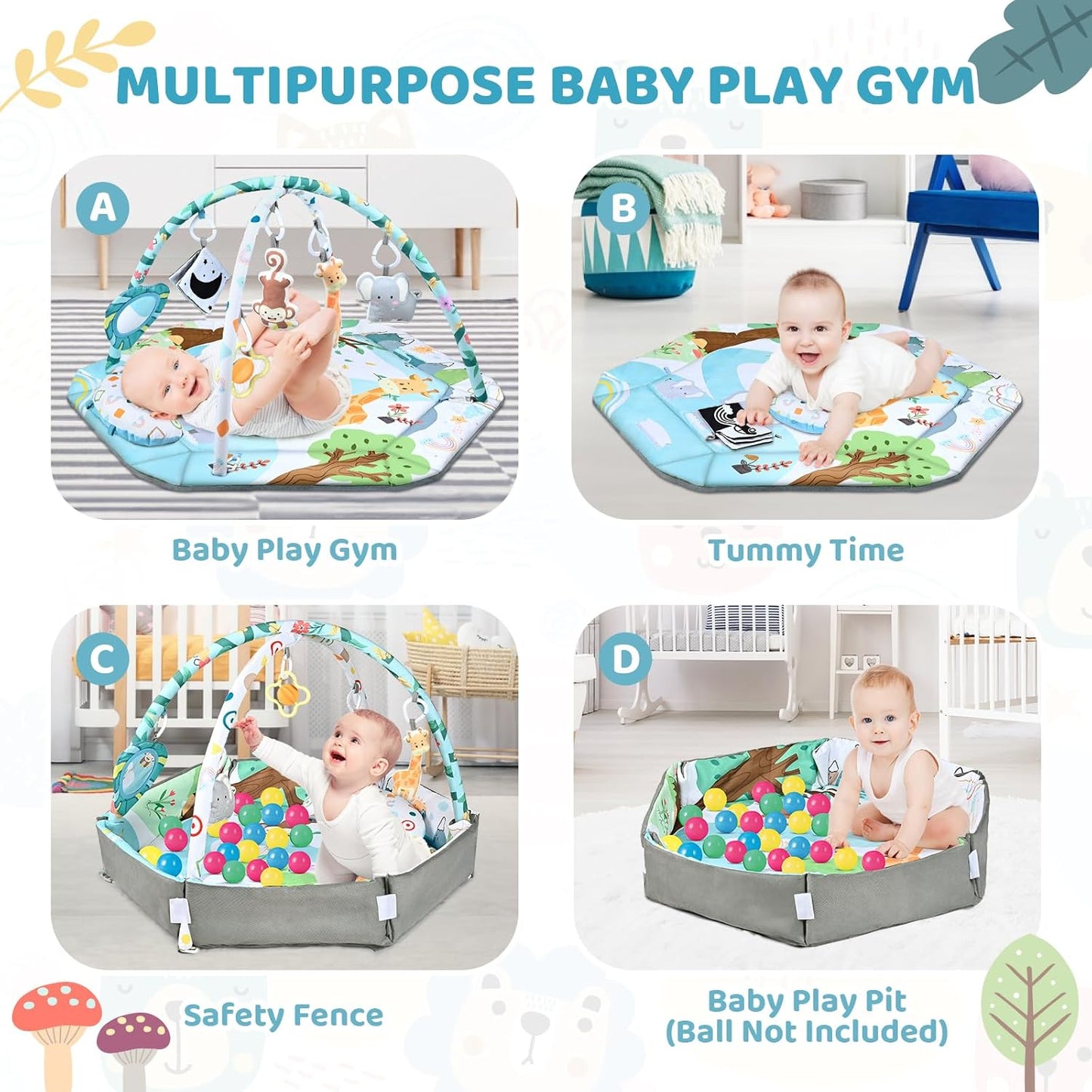 Baby Gym Play Mat, 8-in-1 Tummy Time Mat & Ball Pit with 6 Toys, Washable Baby Activity Play Mat for Visual, Hearing, Sensory, Motor Development, Baby Toys Toddler Infant 0-3-6-9-12 Months