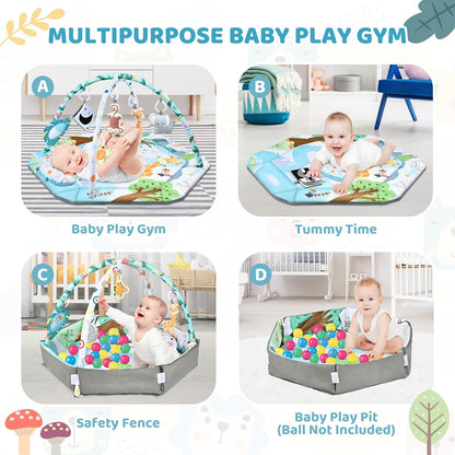 Baby Gym Play Mat, 8-in-1 Tummy Time Mat & Ball Pit with 6 Toys, Washable Baby Activity Play Mat for Visual, Hearing, Sensory, Motor Development, Baby Toys Toddler Infant 0-3-6-9-12 Months